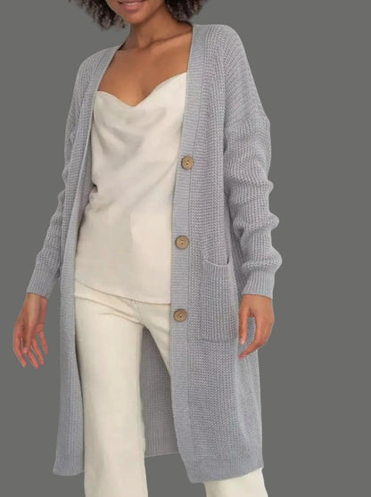 Women's Long Knit Cardigan - Cozy Open Front - Relaxed Fit - Button Detail
