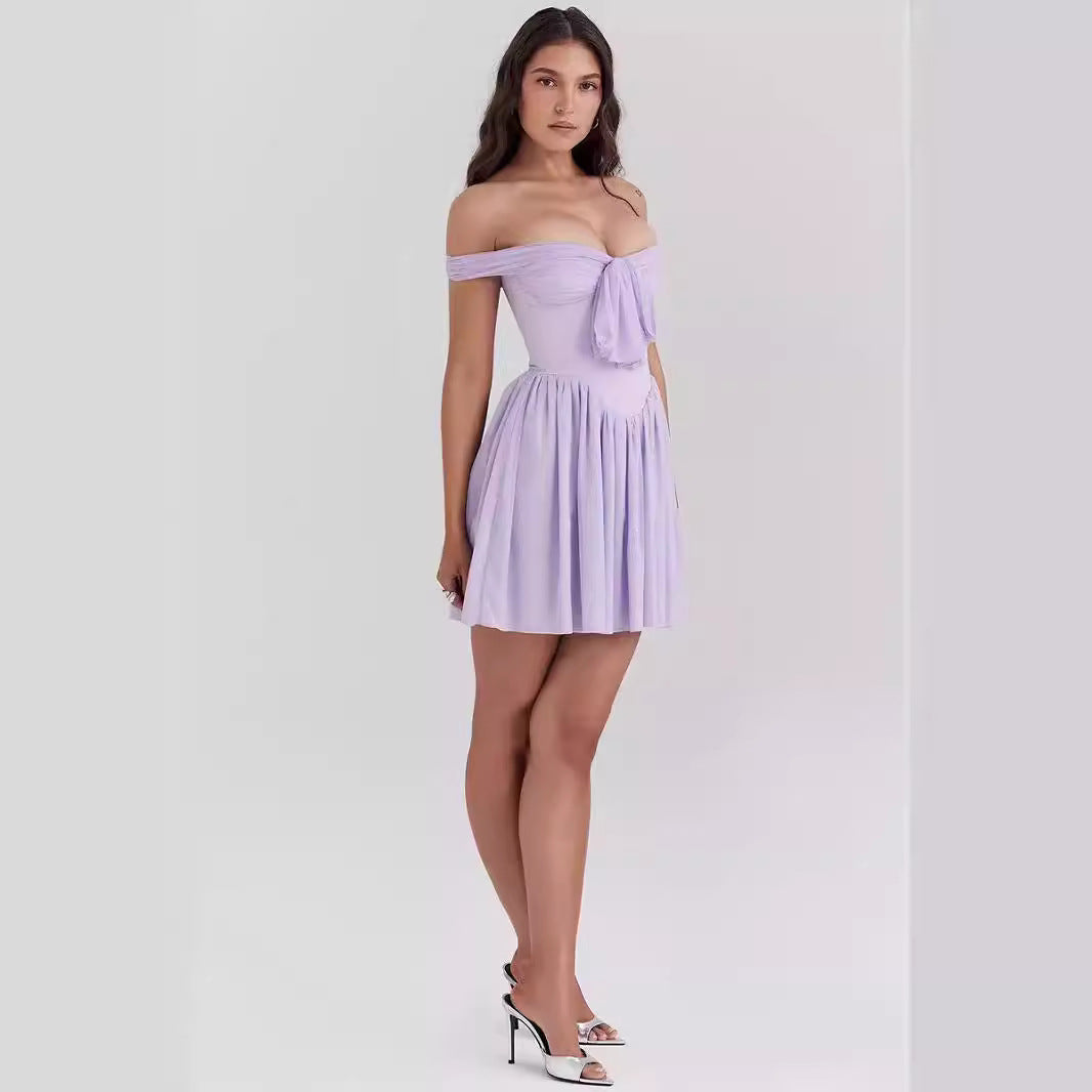 Women’s Mini Dress – Off Shoulder – Fit and Flare – Bow Front – Lightweight Fabric