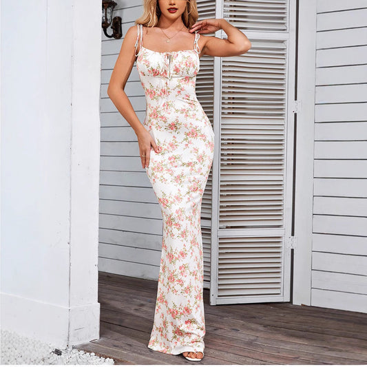 Floral Print Slim Fit Spaghetti Strap Dress