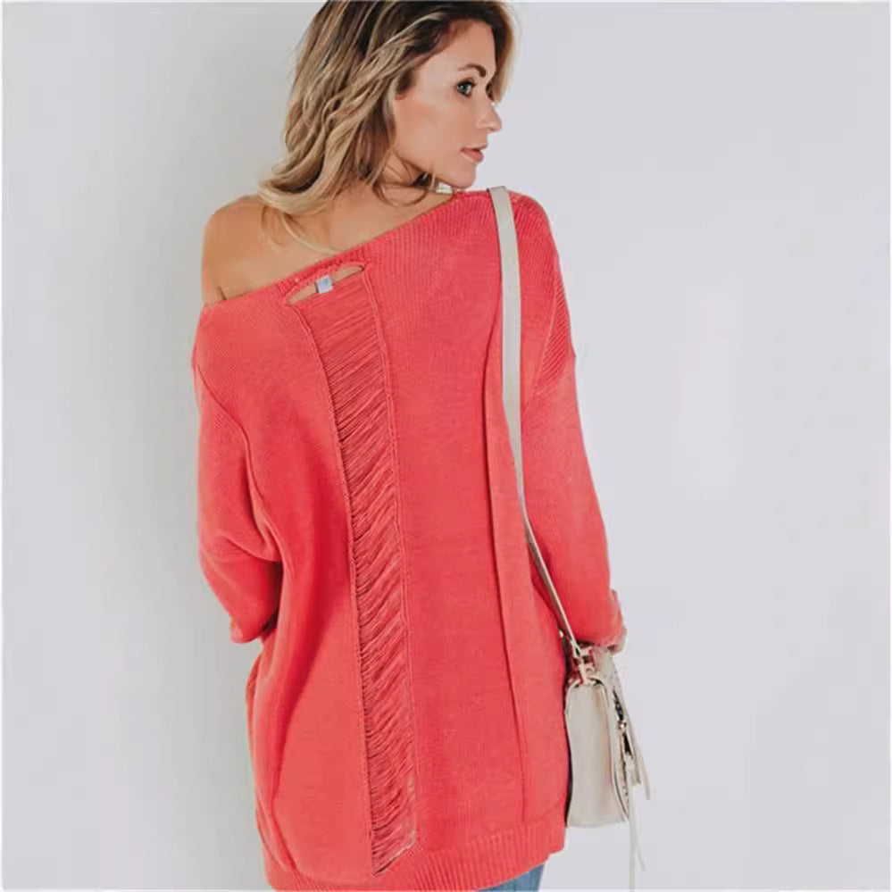 Women’s Knit Sweater – Oversized Fit – V-Neck – Wool Texture – Front Pocket – Ribbed Hem