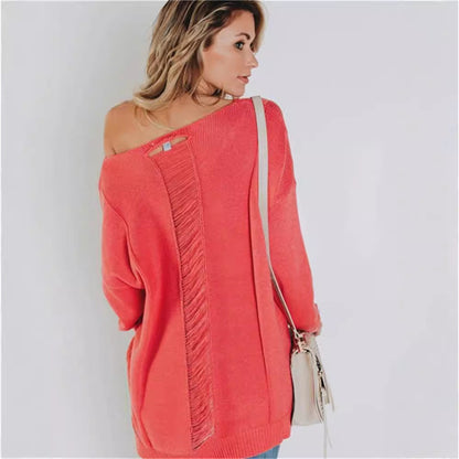 Women’s Knit Sweater – Oversized Fit – V-Neck – Wool Texture – Front Pocket – Ribbed Hem