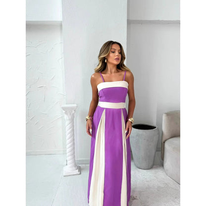 Women’s Maxi Dress – Satin Finish – A-Line Silhouette – Color Block – Formal Fit