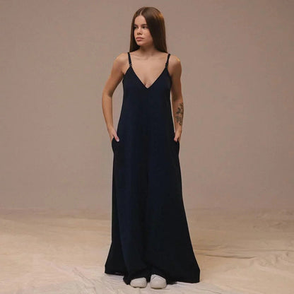 Women’s Jumpsuit – Linen Blend – Wide Leg – Loose Fit – V-Neck – Tie Waist