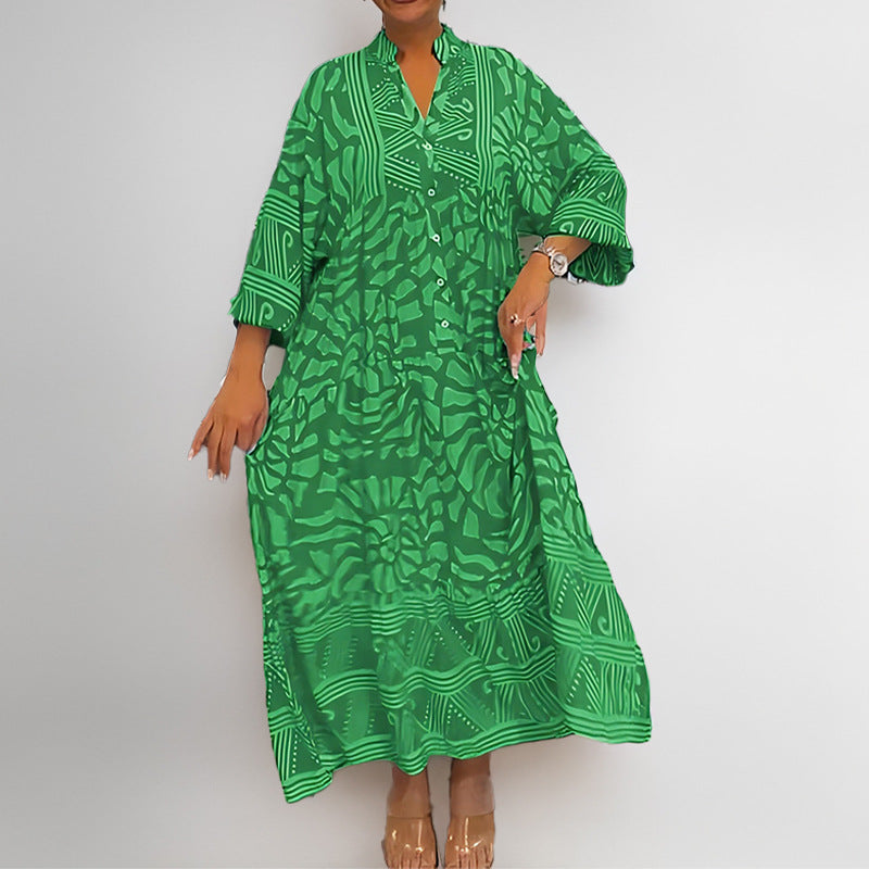 Women’s Midi Dress – Loose Fit – Lightweight Fabric – Printed – Button Front Sleeves
