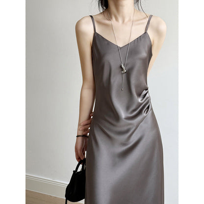 Women’s Camisole Dress – Satin Fabric – Full Length – A-Line Draped Fit – Spaghetti Strap