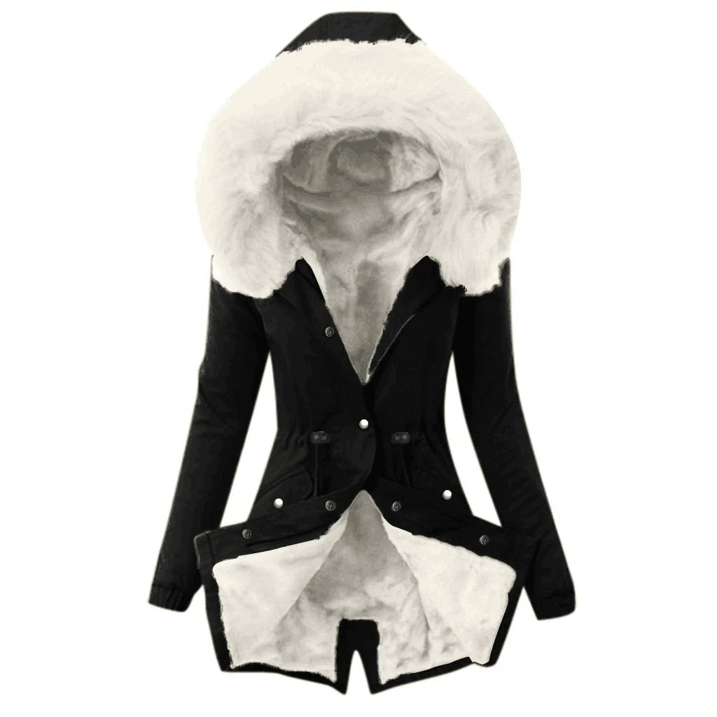 Women’s Jacket – Slim Fit – Plush-Lined Hood – Adjustable Waist – Mid-Length – Button Front