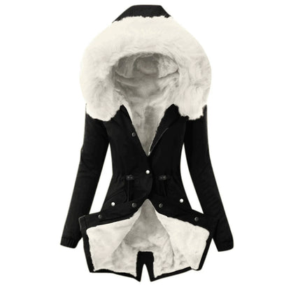 Women’s Jacket – Slim Fit – Plush-Lined Hood – Adjustable Waist – Mid-Length – Button Front