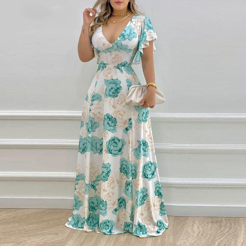 Floral Flounce Sleeve A-Line Dress