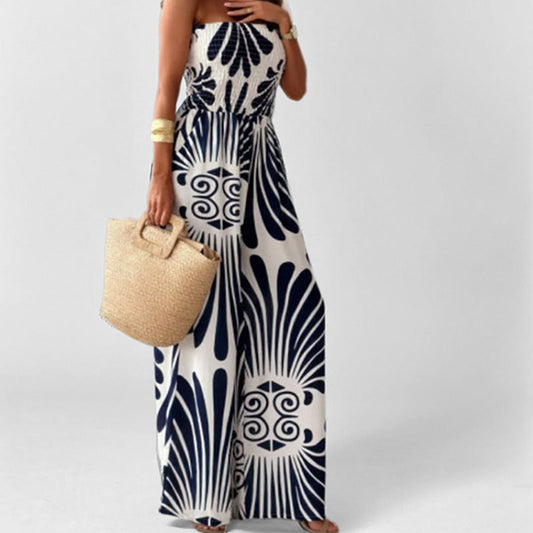 Off-Shoulder Smocked Flowy Wide Leg Jumpsuit