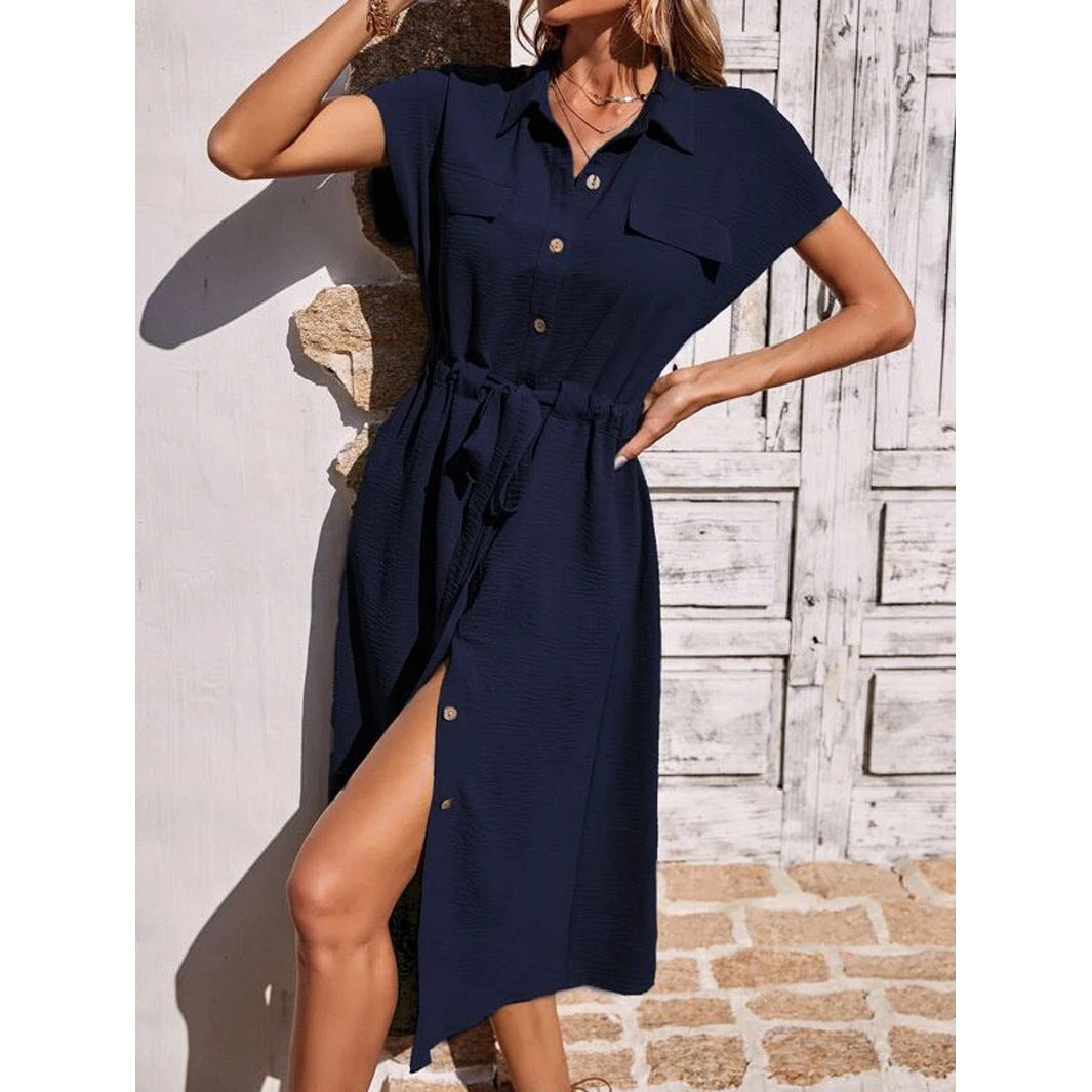 Women’s Shirt Dress – Button Down – Tie Waist – Midi Length – Short Sleeve Cotton Blend