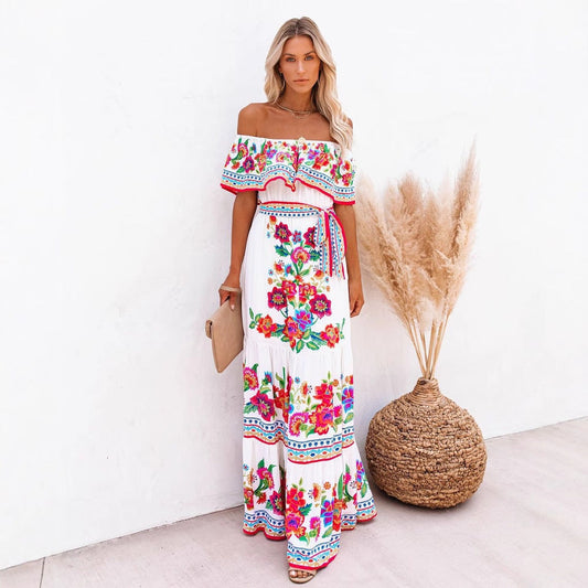 Floral Print Belted Off-Shoulder Maxi Dress