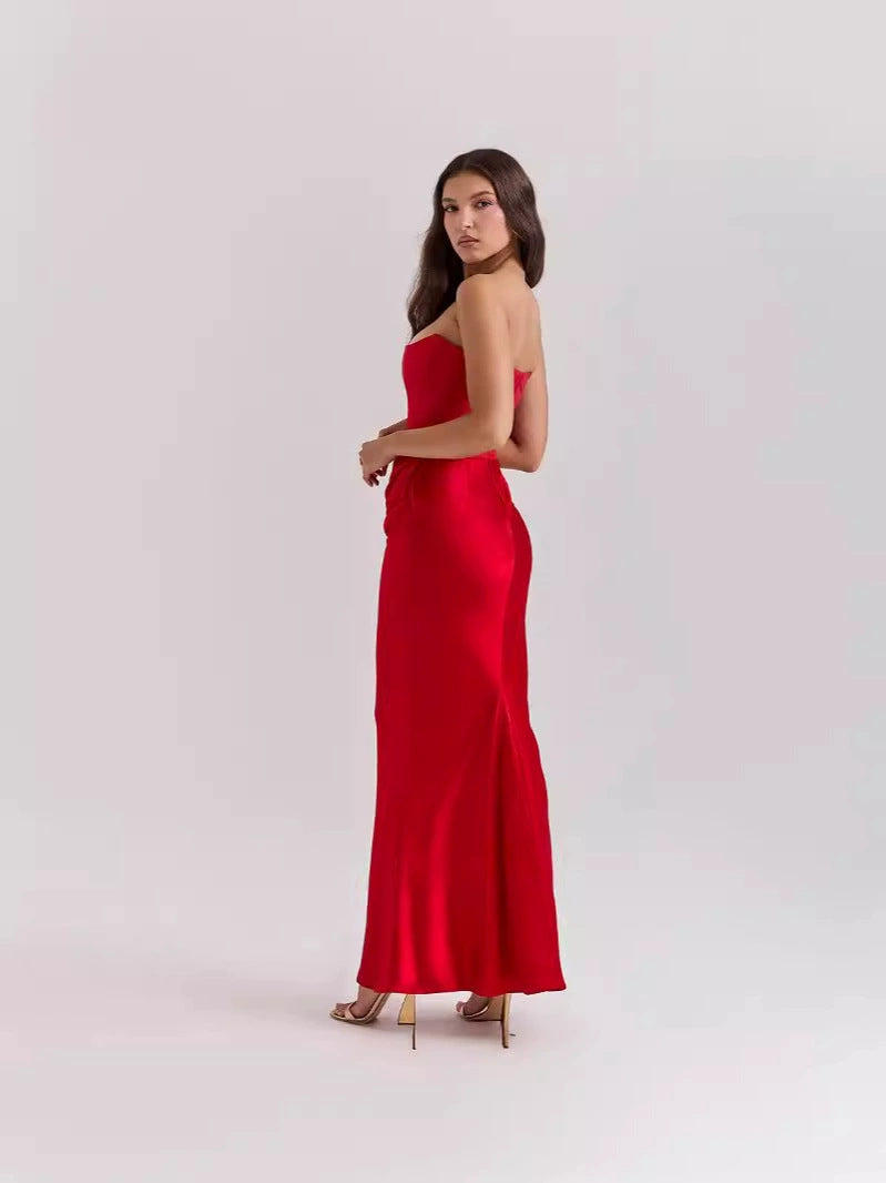 Satin Corset Bodice Strapless Maxi Dress