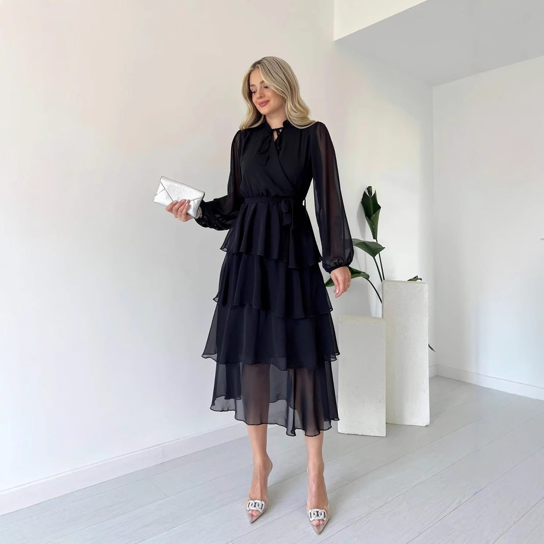 Tiered Chiffon Tie Waist Midi Dress