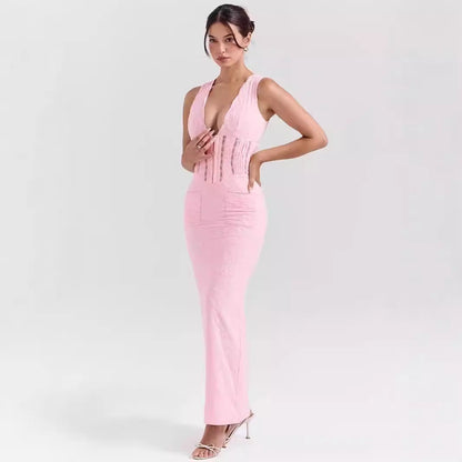 Women’s Lace Dress – Fitted High Waist – Plunging Neckline – Full Length Formal Gown