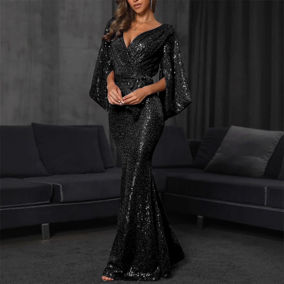 Women’s Evening Gown – Sequin Embellished – Mermaid Fit – Deep V-Neck – Belted Waist