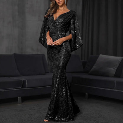 Women’s Evening Gown – Sequin Embellished – Mermaid Fit – Deep V-Neck – Belted Waist