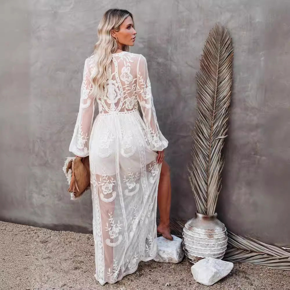 Women’s Long Dress – Lace & Chiffon – V-Neck – Sheer Sleeves – High Slit Fit