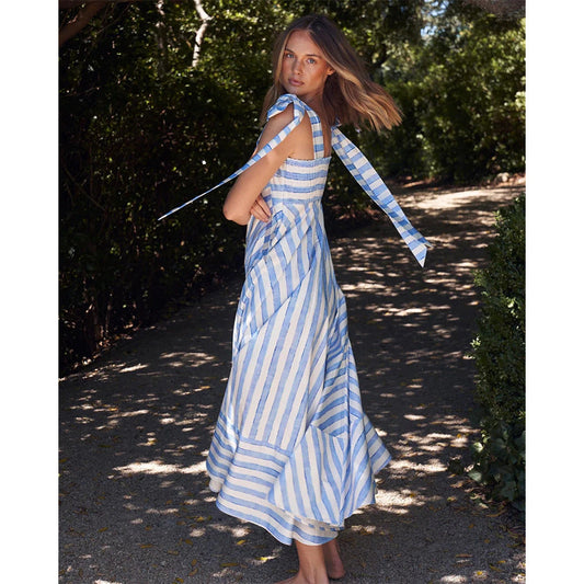 Smocked Bodice Striped Cotton Blend Maxi Dress