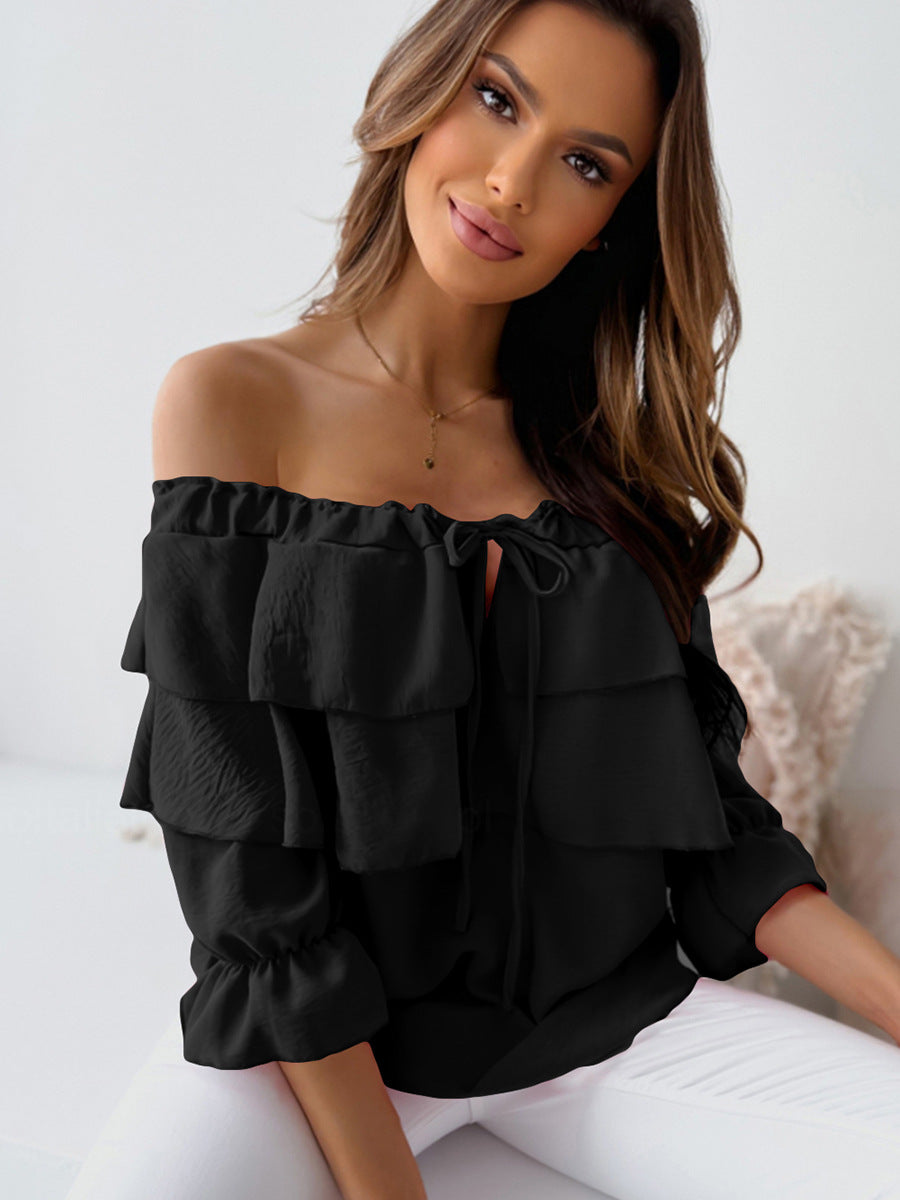 Women's Off-Shoulder Blouse - Ruffled Layered Design - 3/4 Sleeve Tie Neck