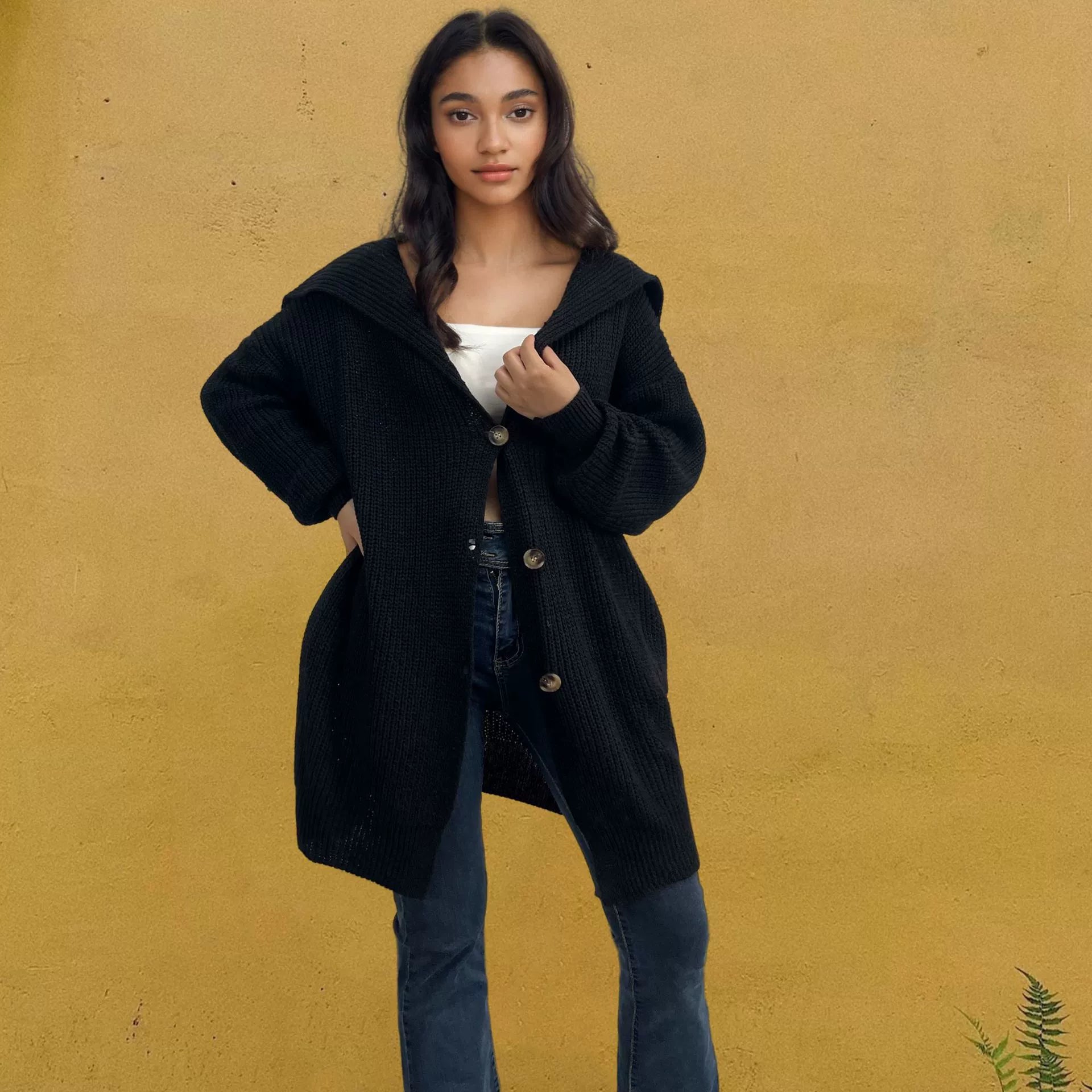 Knitted Button Front Oversized Cardigan With Pockets 