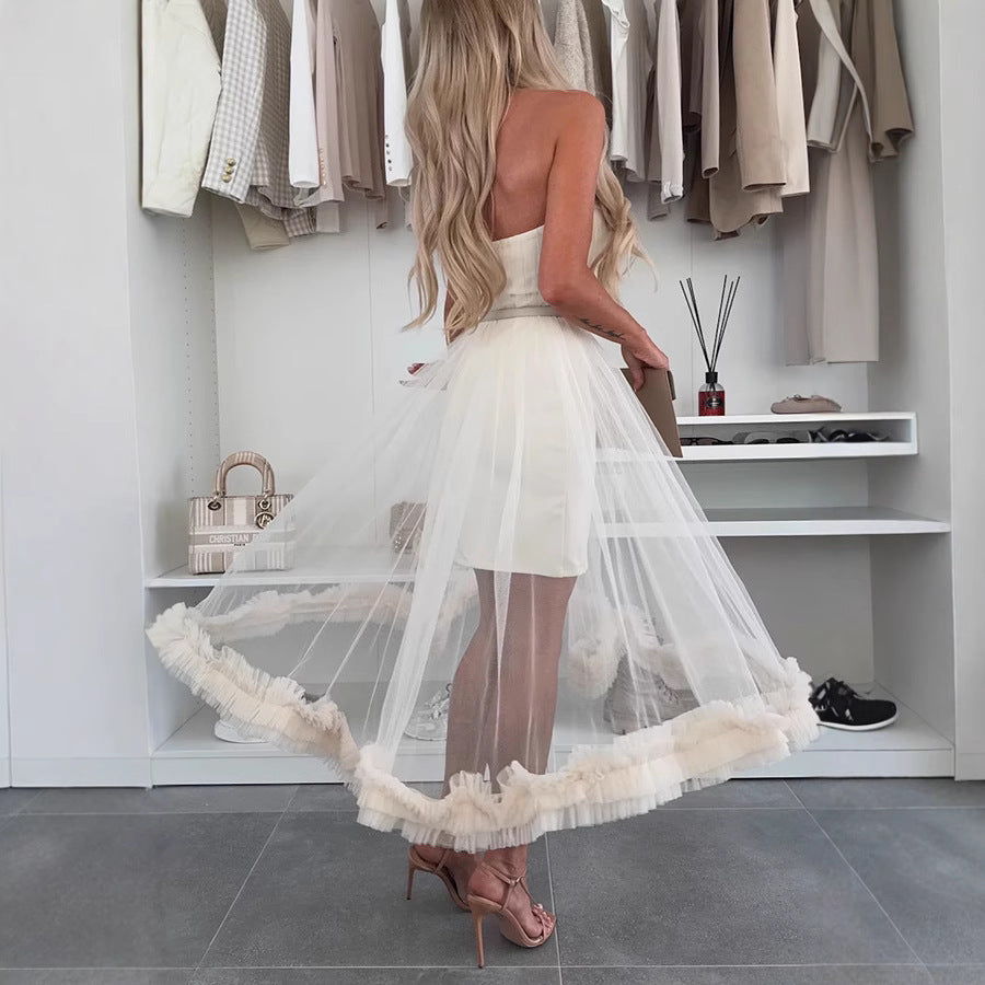 Ruffle Hem Tulle Overlay Midi Dress
