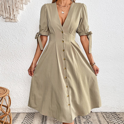 Women's Midi Dress - V-Neck Button Down - Short Sleeve Tie Detail - A-Line Silhouette
