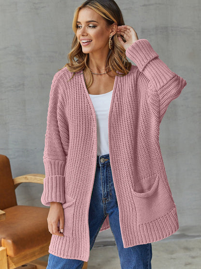 Women’s Cardigan – Chunky Ribbed Knit – Oversized Fit – V-Neck – Front Pockets