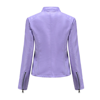 Women's casual faux leather stand-up collar jacket