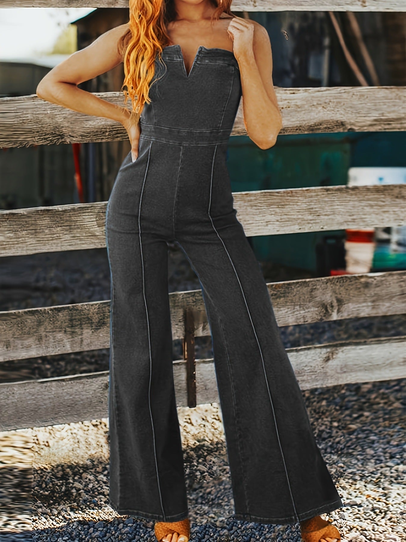 Fitted Straight Neckline Flared Leg Jumpsuit