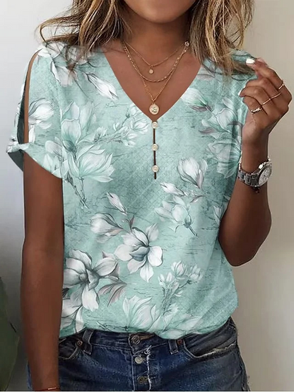 Women’s Blouse – Floral Print – V-Neck with Button – Relaxed Fit – Short Sleeve Cut-Out