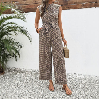 Women’s Jumpsuit – Sleeveless – Geometric Print – Tie Waist – Wide Leg – Lightweight