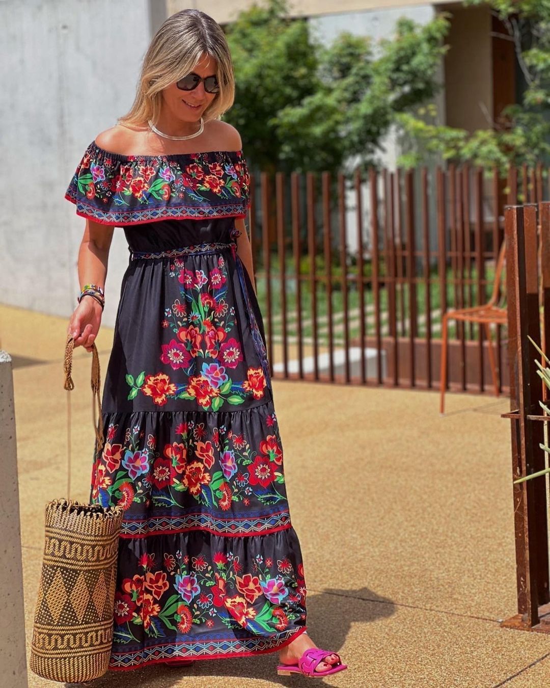 Women’s Maxi Dress – Off-Shoulder Ruffle Top – Floral Print – Belted Cotton Blend