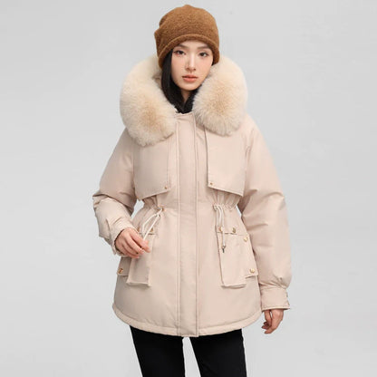 Women’s Parka Jacket – Water-Resistant – Faux Fur Collar – Adjustable Waist – Mid-Thigh Length