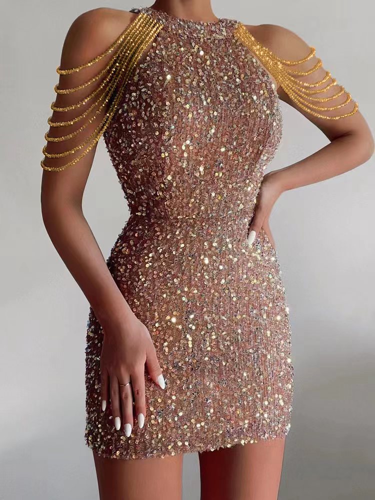 Women’s Bodycon Dress - Halter Neck - Sequin Embellished - Beaded Shoulder Detail