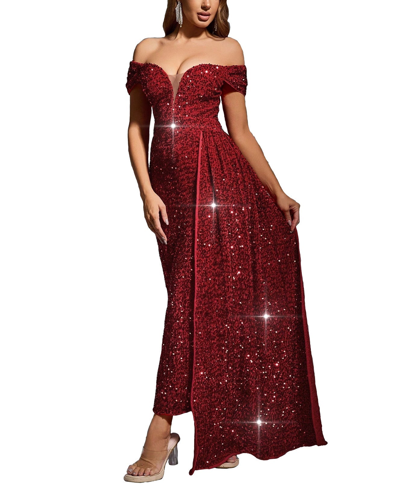 Women’s Evening Gown – Off-Shoulder – Fitted Sequin – Full Length – Draped Overlay