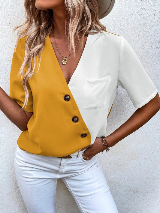 Colorblock Relaxed Fit V-Neck Blouse 