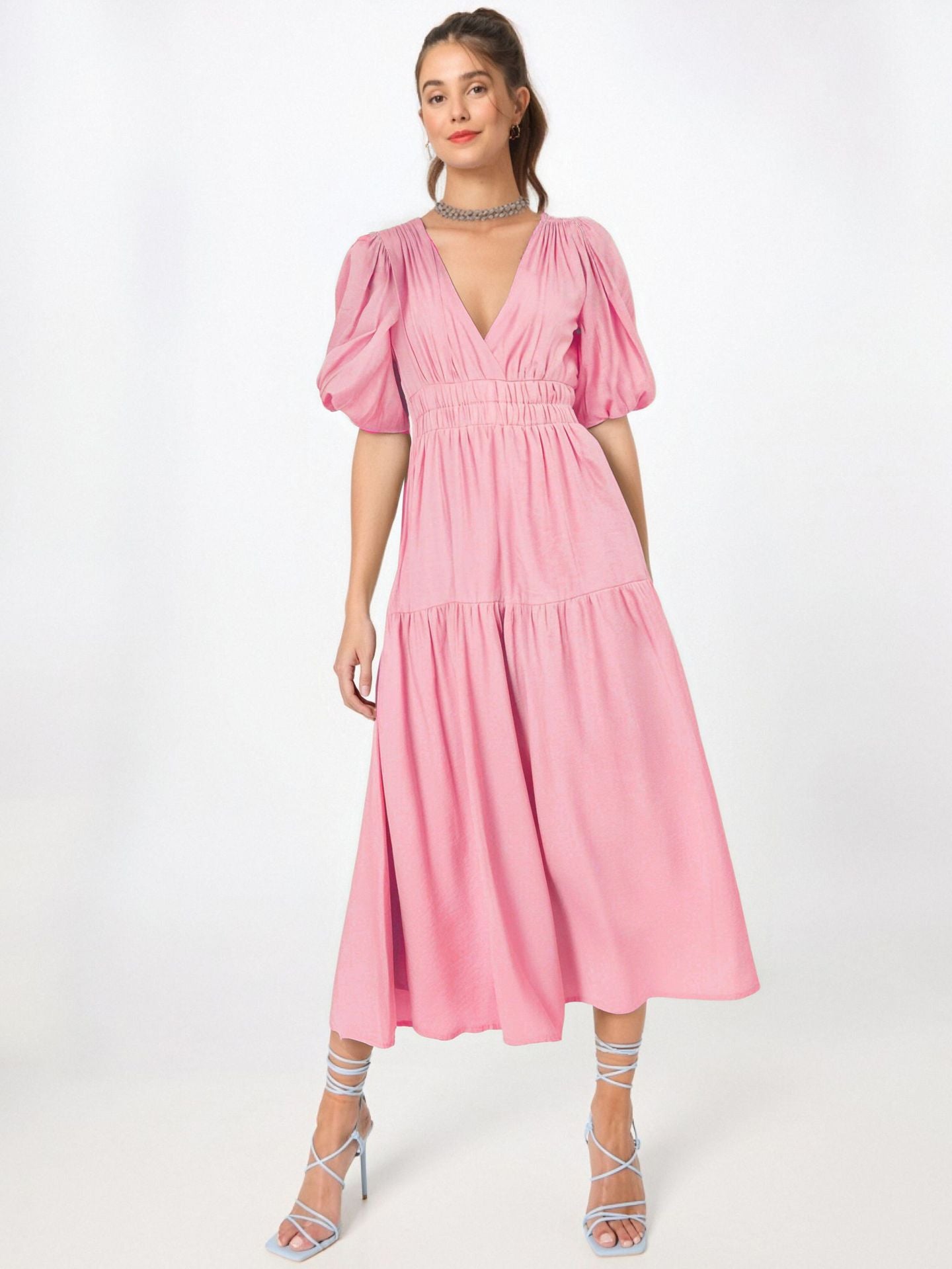 Women’s Midi Dress – Deep V-Neck – Puff Sleeves – Fitted Waist – Tiered Skirt
