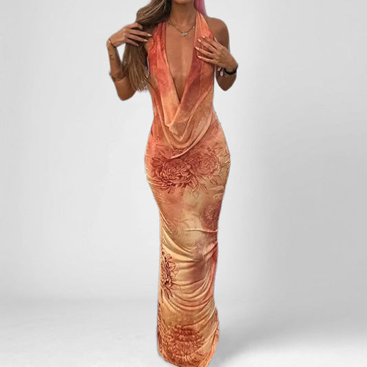 Satin Slim Fit Floral Print Evening Dress