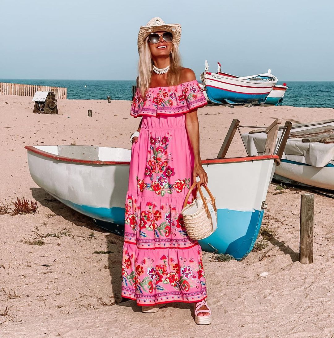 Women’s Maxi Dress – Off-Shoulder Ruffle Top – Floral Print – Belted Cotton Blend