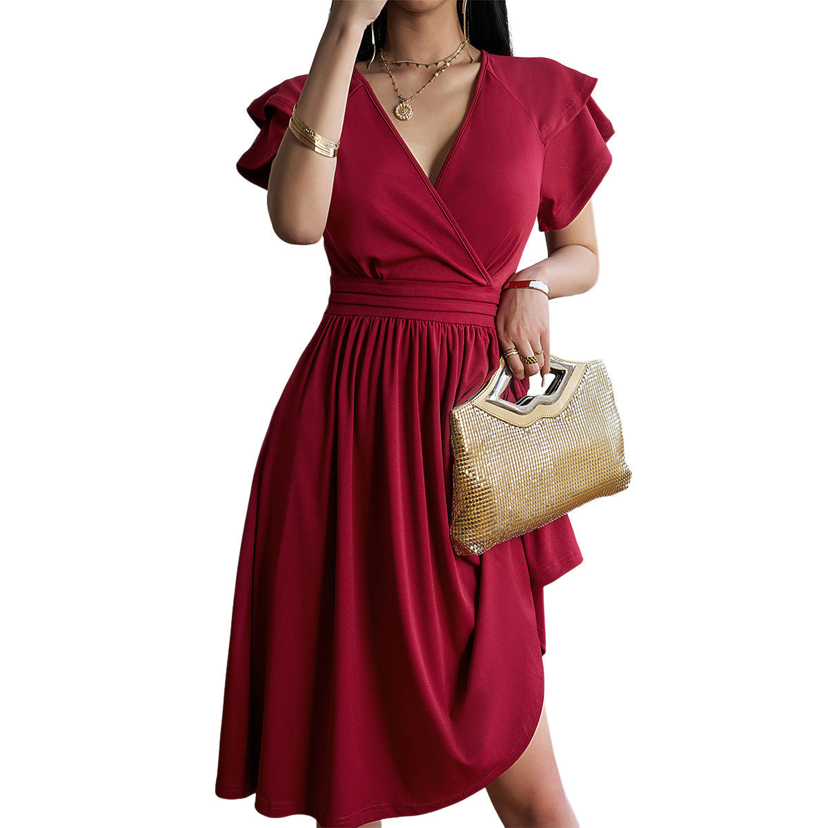 Women's Midi Dress - Wrap Design - V-Neck - Short Ruffled Sleeves - Flattering Fit