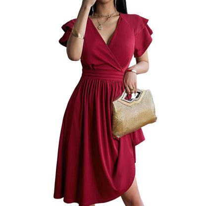Women's Midi Dress - Wrap Design - V-Neck - Short Ruffled Sleeves - Flattering Fit