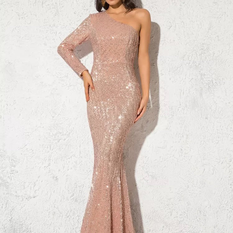 Women’s Evening Gown – Sequined One Shoulder – Slim Fit – Mermaid Silhouette
