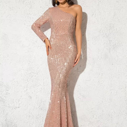 Women’s Evening Gown – Sequined One Shoulder – Slim Fit – Mermaid Silhouette