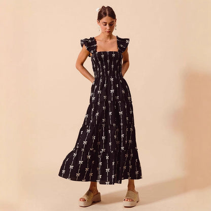 Women’s Maxi Slip Dress – Smocked Bodice – Ruffle Straps – Tiered Skirt – Flowy Fit