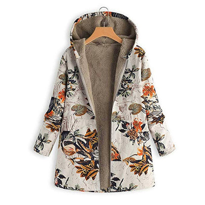 Women's Hooded Coat - Plush Lining - Floral Print - Relaxed Fit - Zipper Front