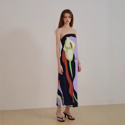 Women’s Strapless Midi Dress – Abstract Print – Flowing Fit – Lightweight Fabric