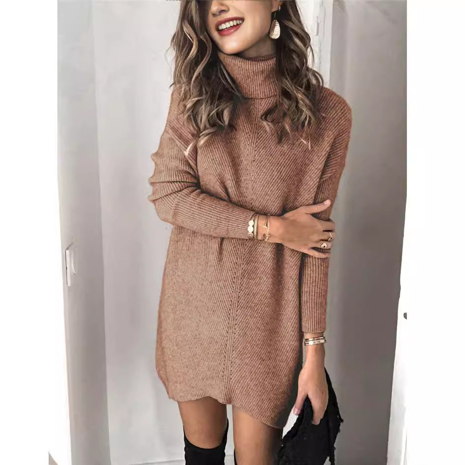 Women’s Knit Dress – Ribbed Texture – Wool Blend – Turtleneck – Long Sleeve Relaxed Fit