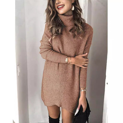 Women’s Knit Dress – Ribbed Texture – Wool Blend – Turtleneck – Long Sleeve Relaxed Fit