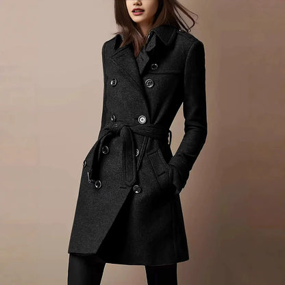 Women’s Coat – Slim Fit – Wool Blend – Double-Breasted – Belted Waist – Mid-Thigh