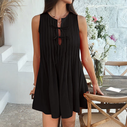 Women’s Sleeveless Dress – Relaxed Fit – Tie Neck – Pleated Front – Above Knee Length